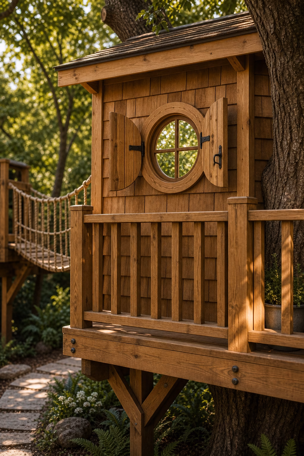create a secret lookout window shown in a polished treehouse with realistic materials and natural light.
