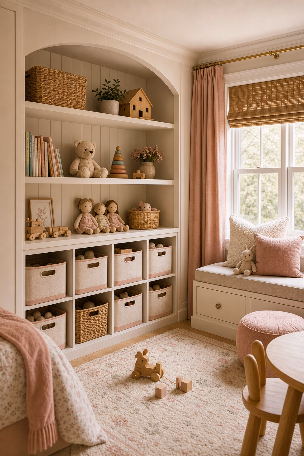 make toy storage look built in shown in a polished toddler girl bedroom with realistic materials and natural light.
