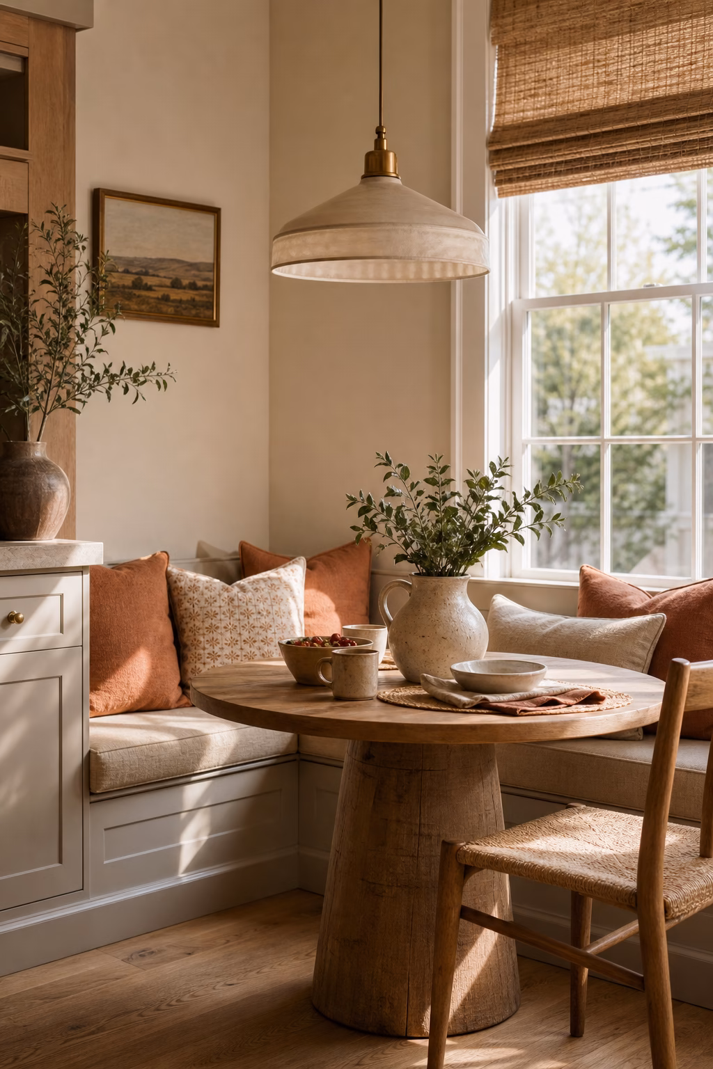 Breakfast nook with a warm color palette that feels cozy and sophisticated.