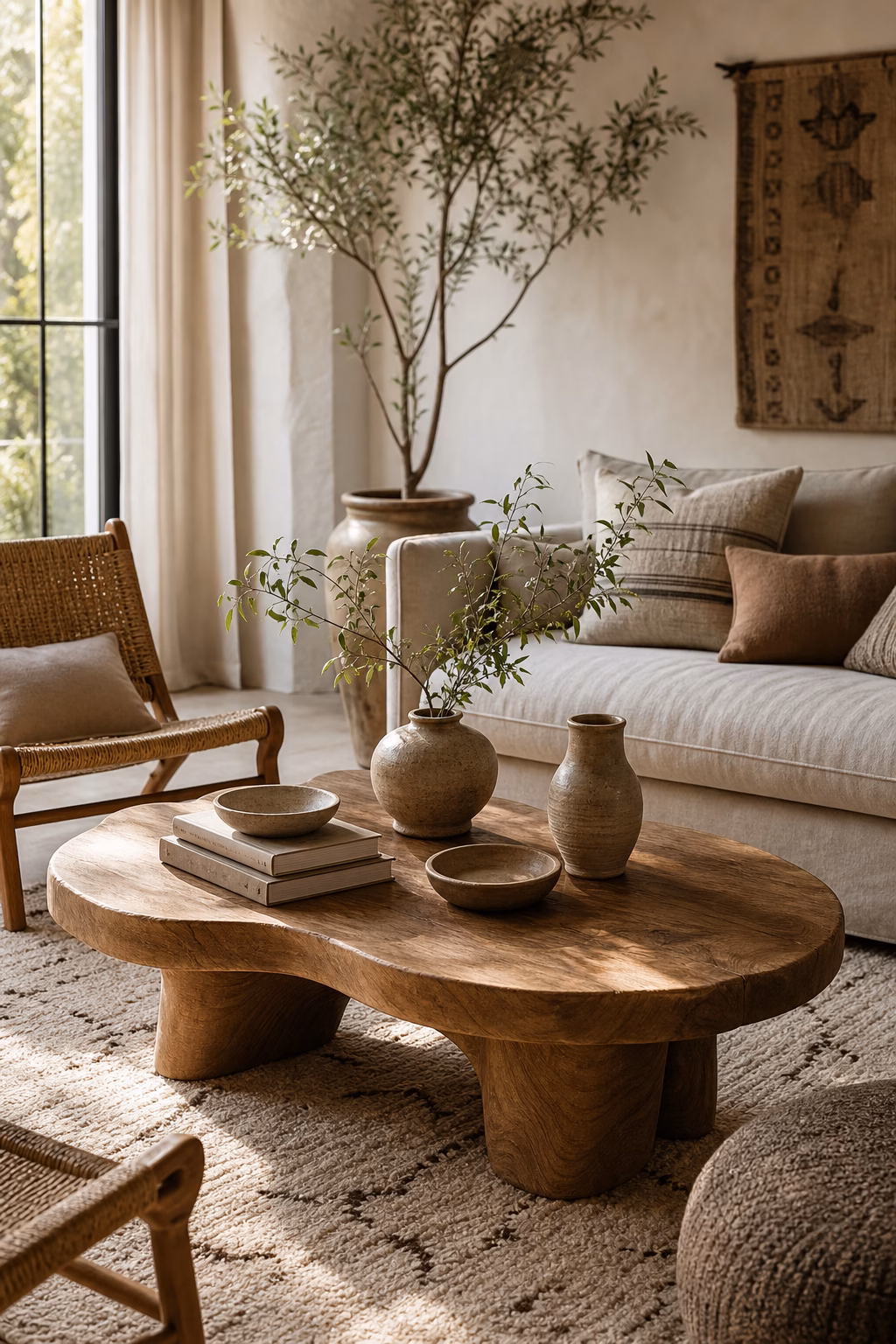 Boho living room with sculptural wood coffee table ceramics and books