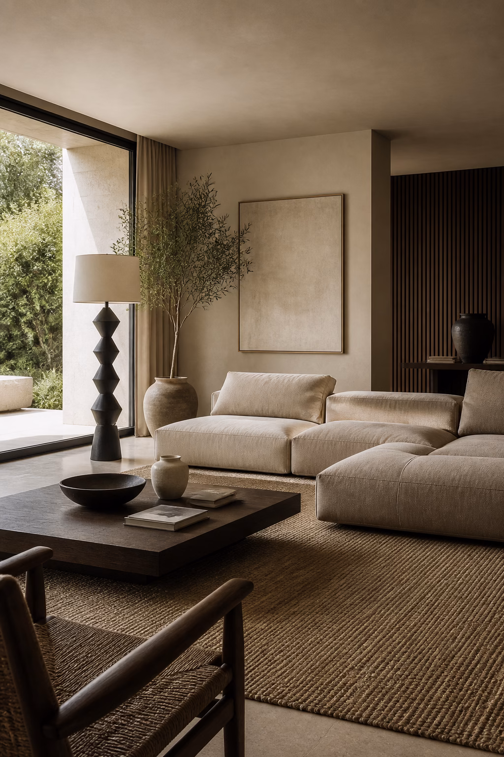 Low lounge-like furniture profiles in a sleek modern living room