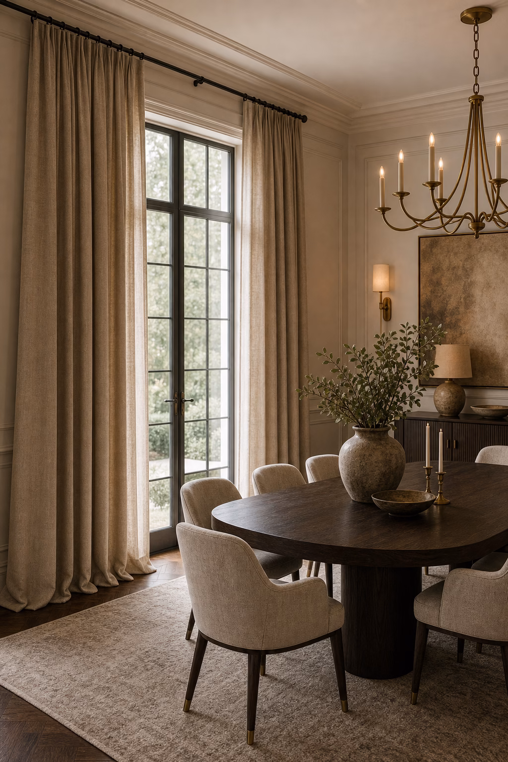 choose drapery that reaches the floor shown in a polished luxury dining room with realistic materials and natural light.