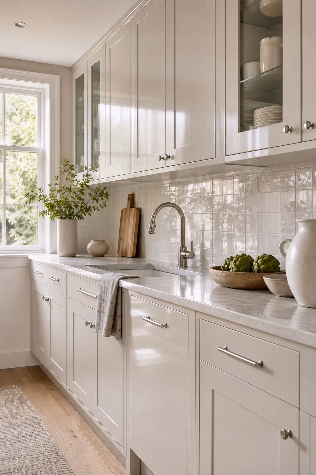 choose light-reflecting cabinet finishes shown in a polished small kitchen with realistic materials and natural light.