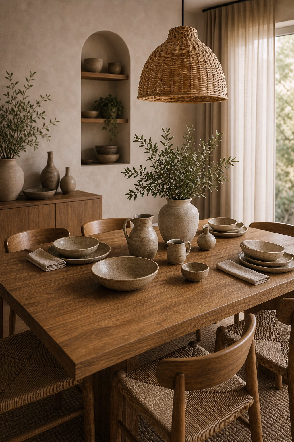 add handmade ceramics to the table shown in a polished organic modern dining room with realistic materials and natural light.