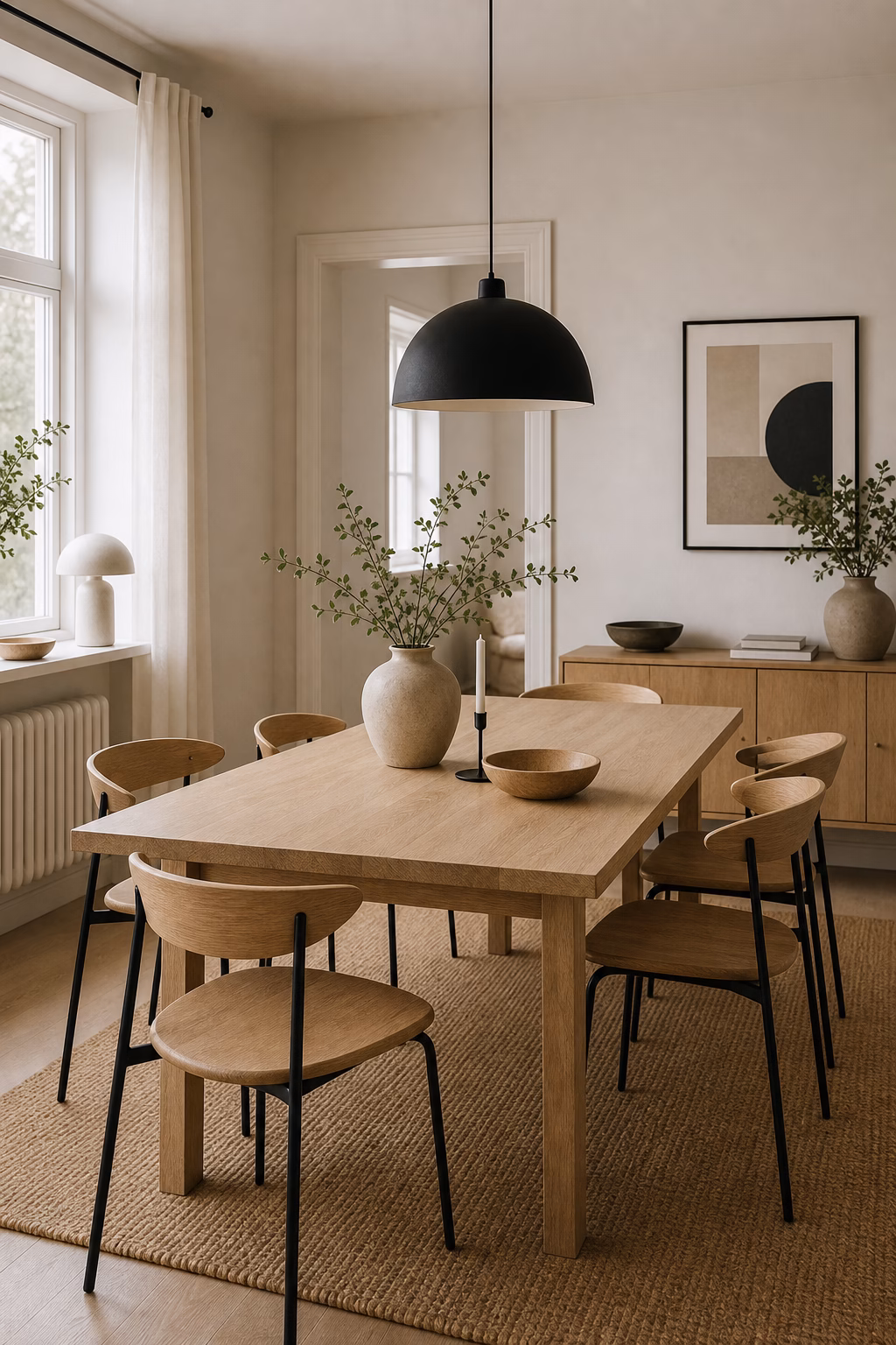 add soft contrast with black accents shown in a polished Scandinavian dining room with realistic materials and natural light.