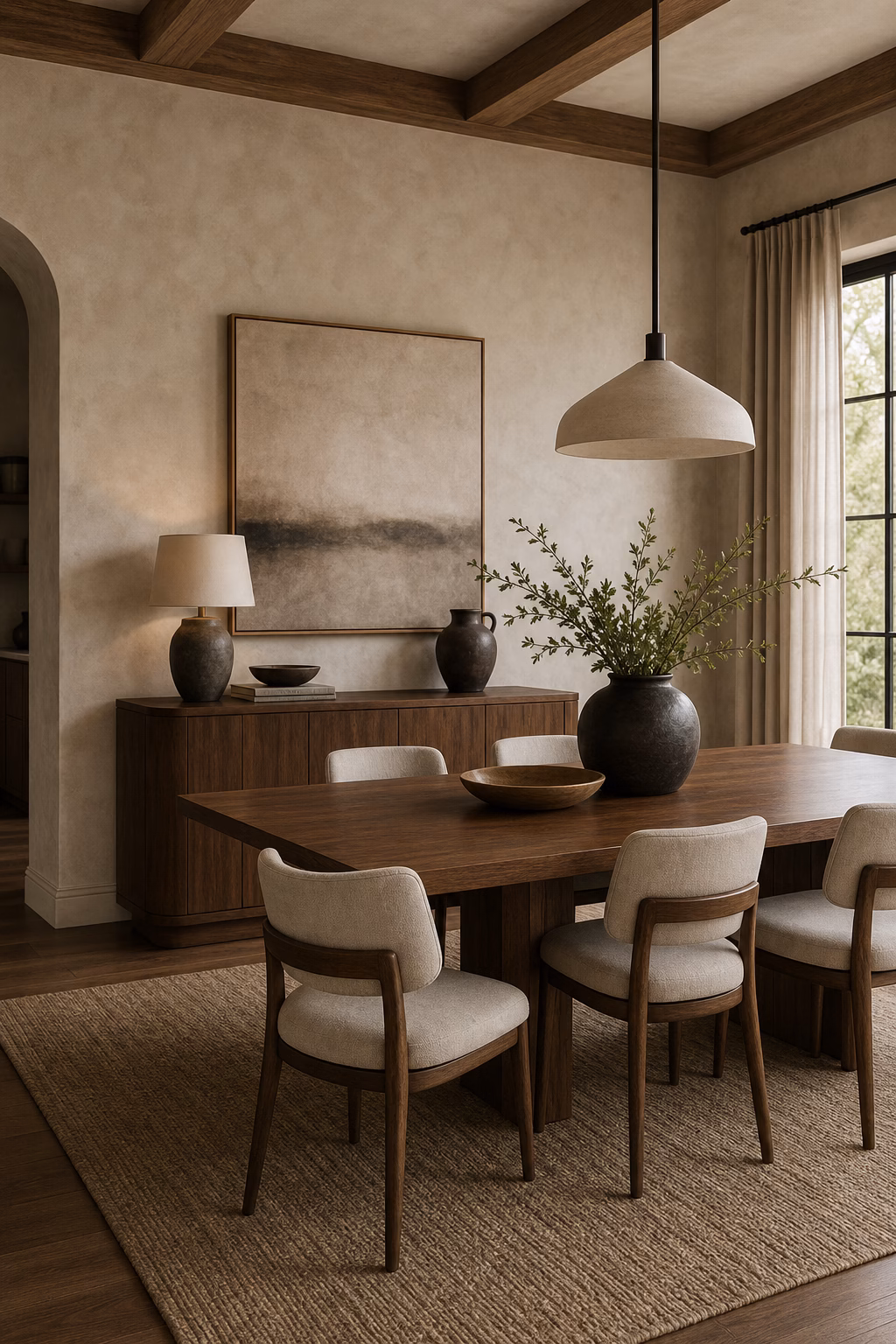 Warm wood dining furniture against textured plaster walls in a contemporary room.