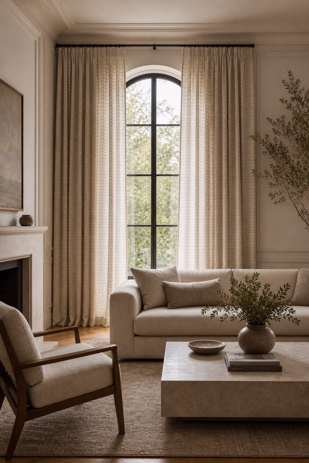 Subtly patterned curtains adding movement to a refined living room