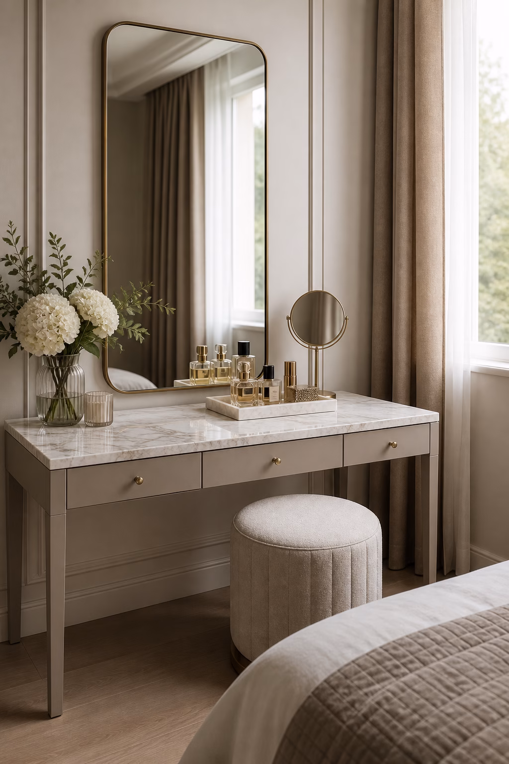 Dressing table with a marble top and elegant bedroom styling.