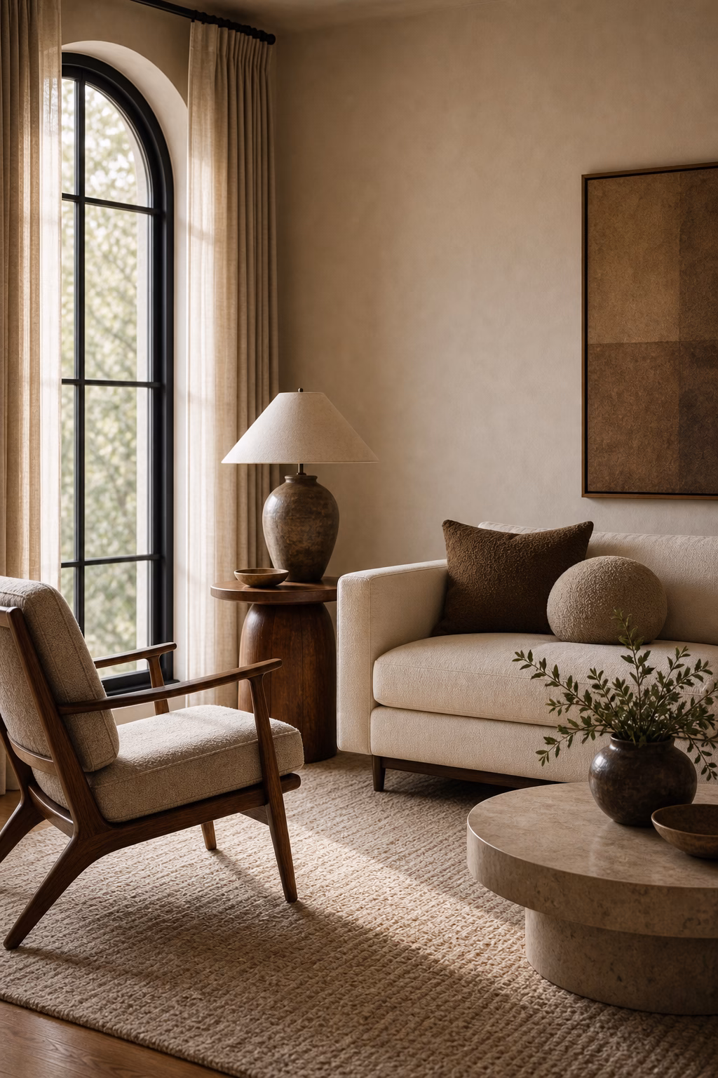Vintage mid-century furniture mixed with new upholstery in a timeless living room