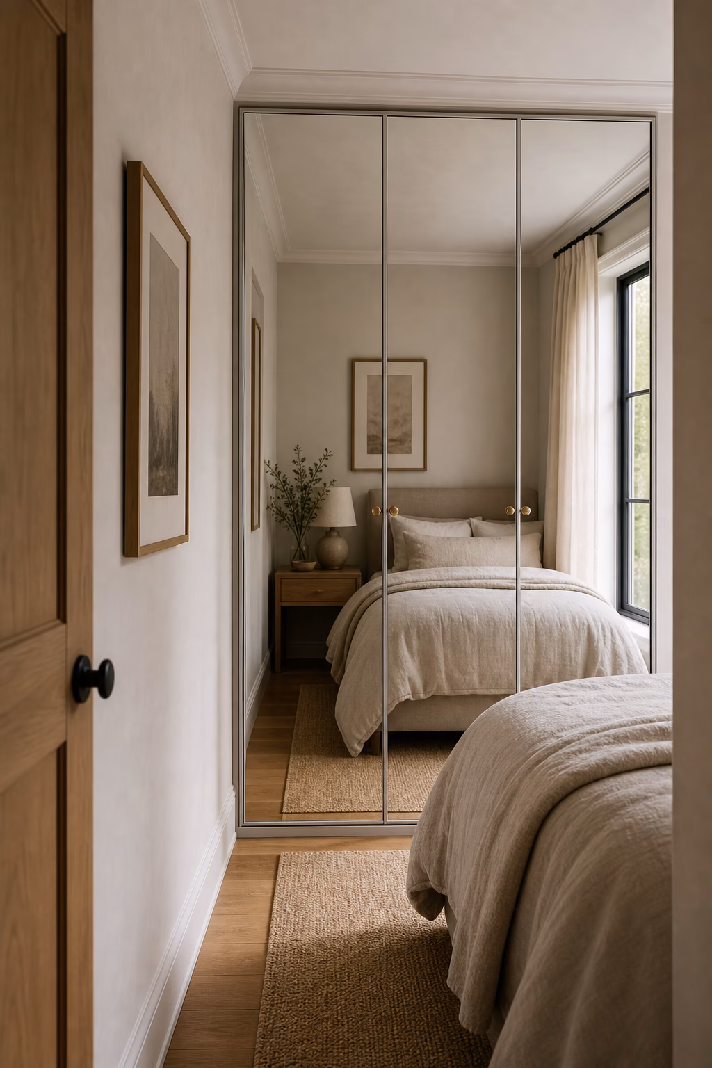 Slim mirrored closet doors expanding a narrow bedroom
