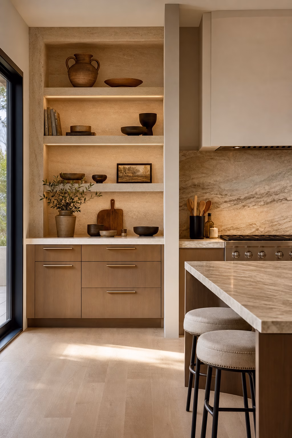 Architectural open kitchen shelves with edited ceramics, warm wood, and integrated lighting.