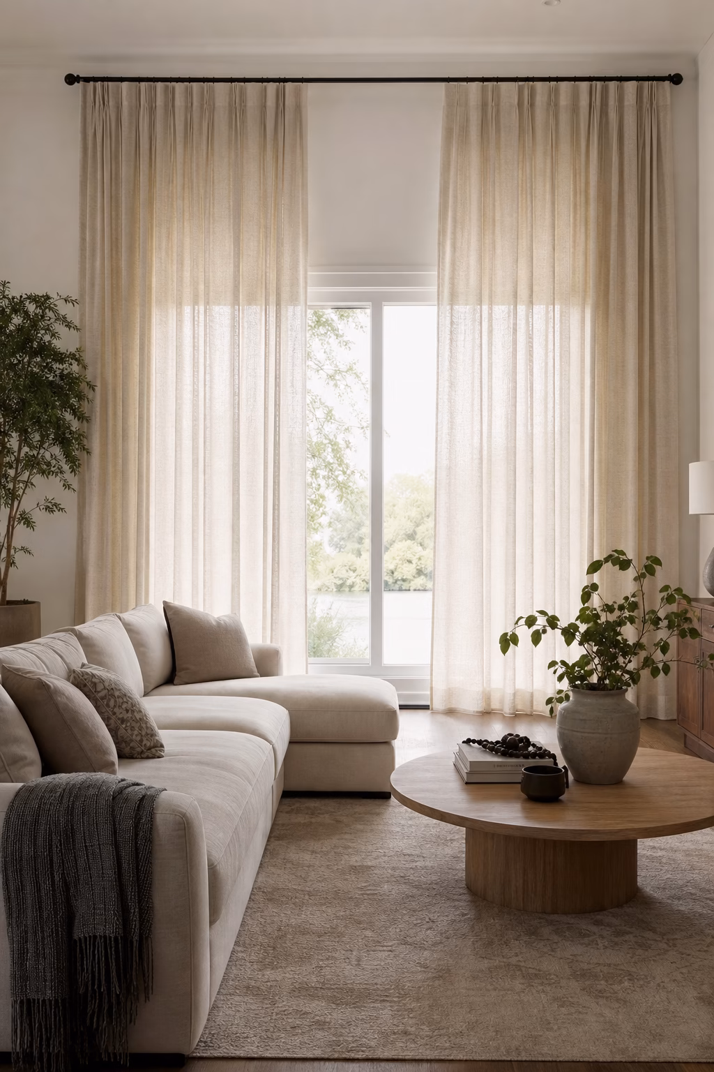Aesthetic living room with full height curtains and soft daylight
