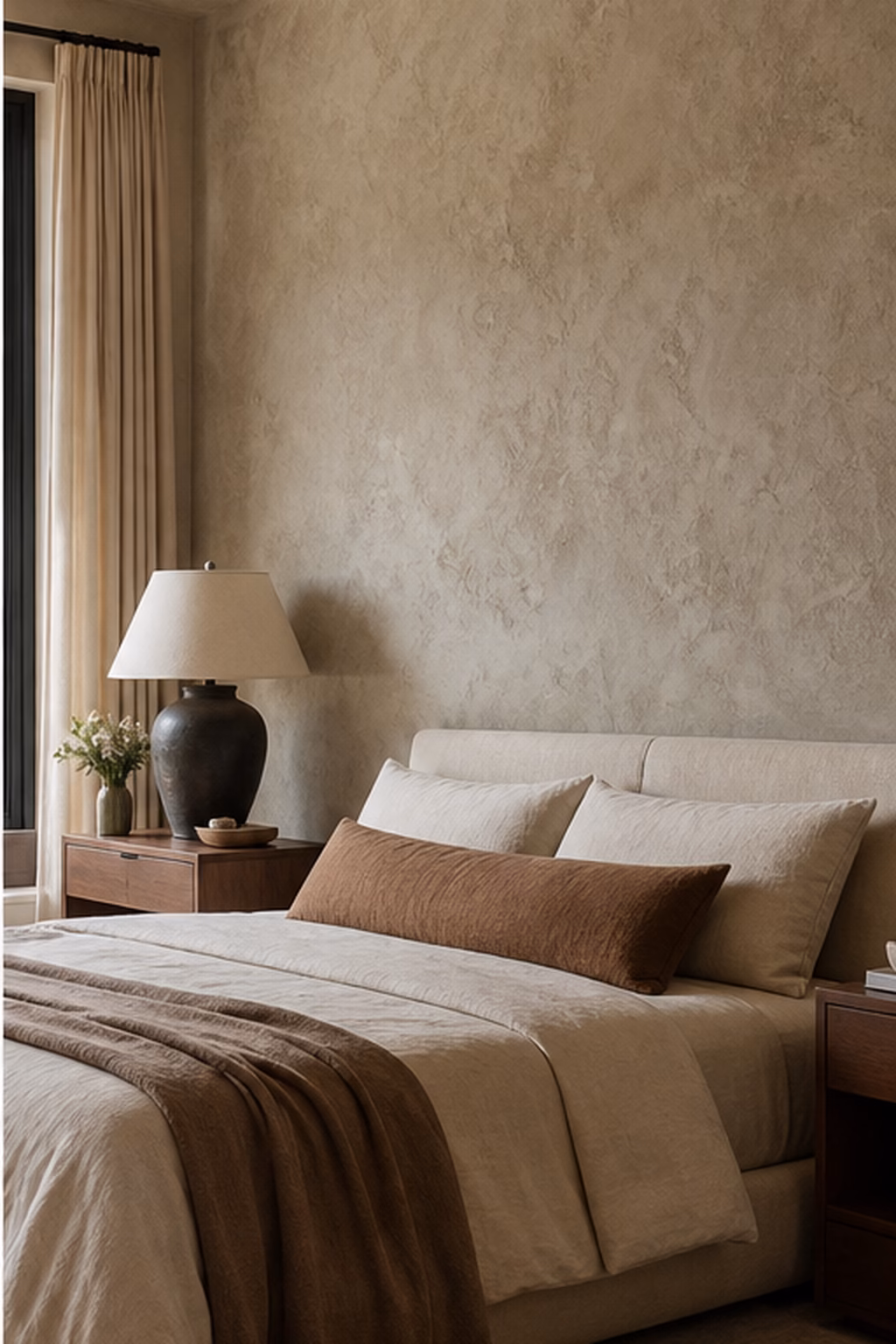 Textured Roman clay walls adding depth to a modern bedroom