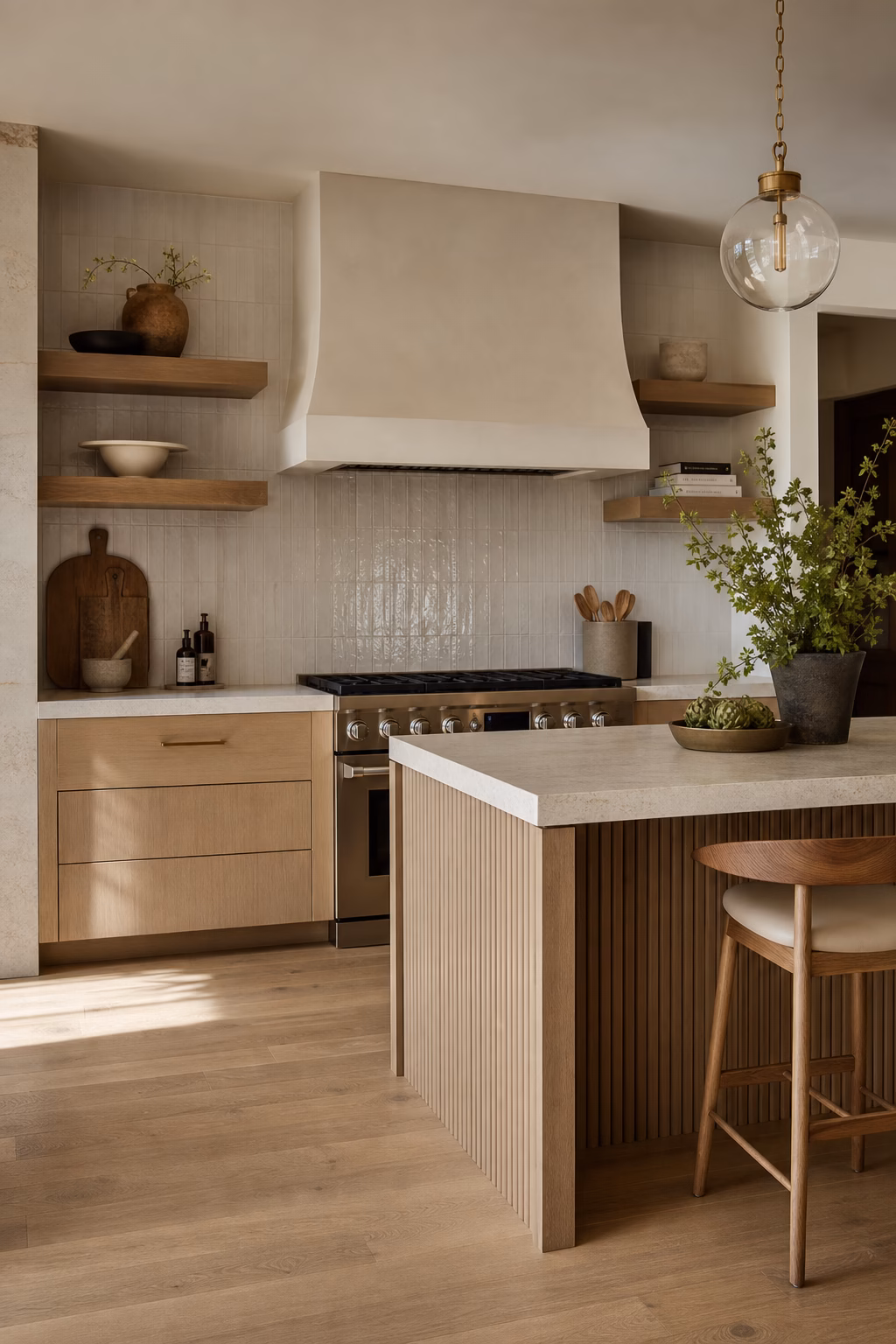Elegant minimalist kitchen with plaster, handmade tile, and fluted wood texture.