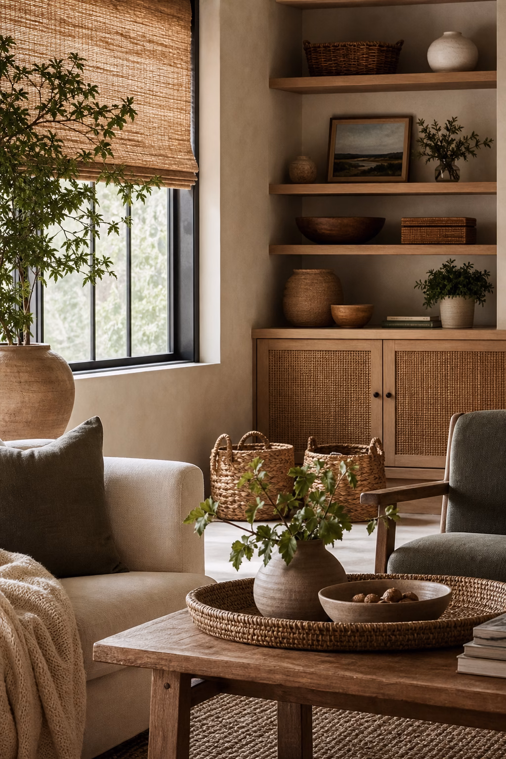 Earthy living room with woven shades baskets and cane chair detail