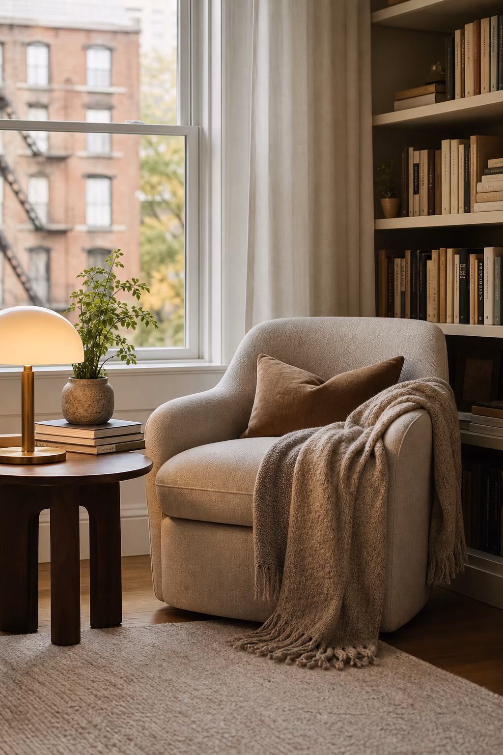 Cozy apartment reading corner with chair lamp books and plant