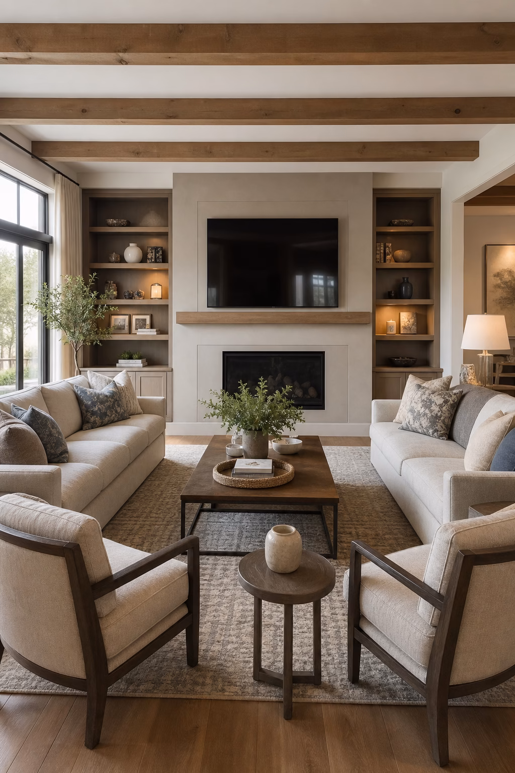 Warm living room layout with sofa and chairs arranged for conversation