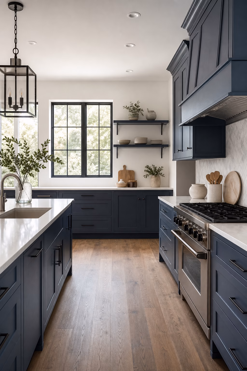 Modern slate blue kitchen with blackened metal details and pale counters.