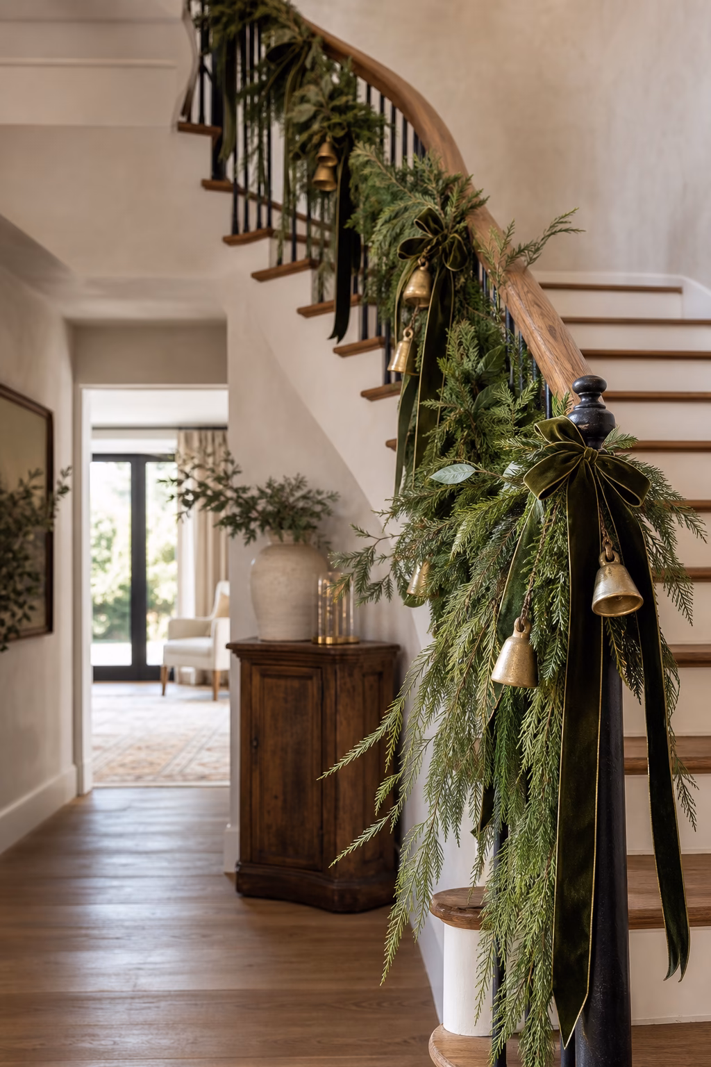 Airy holiday garland dressed safely along a staircase rail