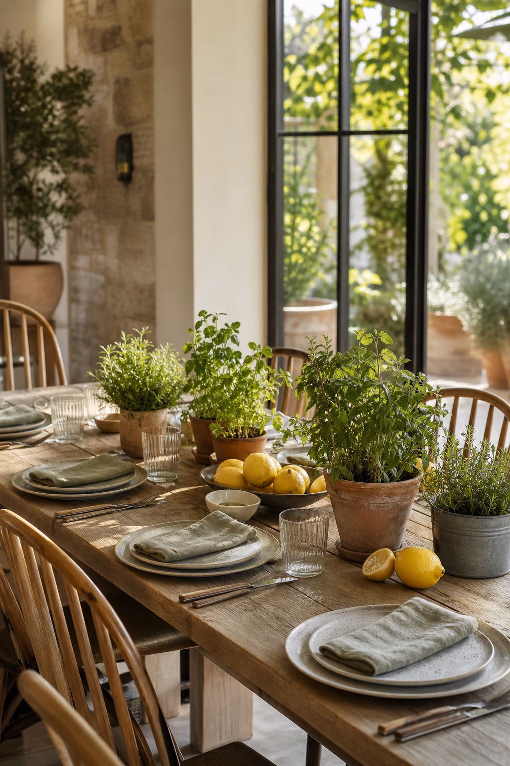 Spring breakfast table with potted herbs lemons and linen napkins