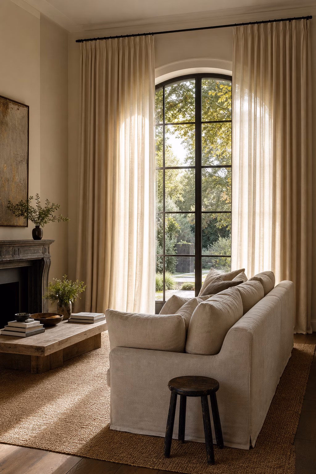 Cozy house living room with full length curtains and filtered natural light