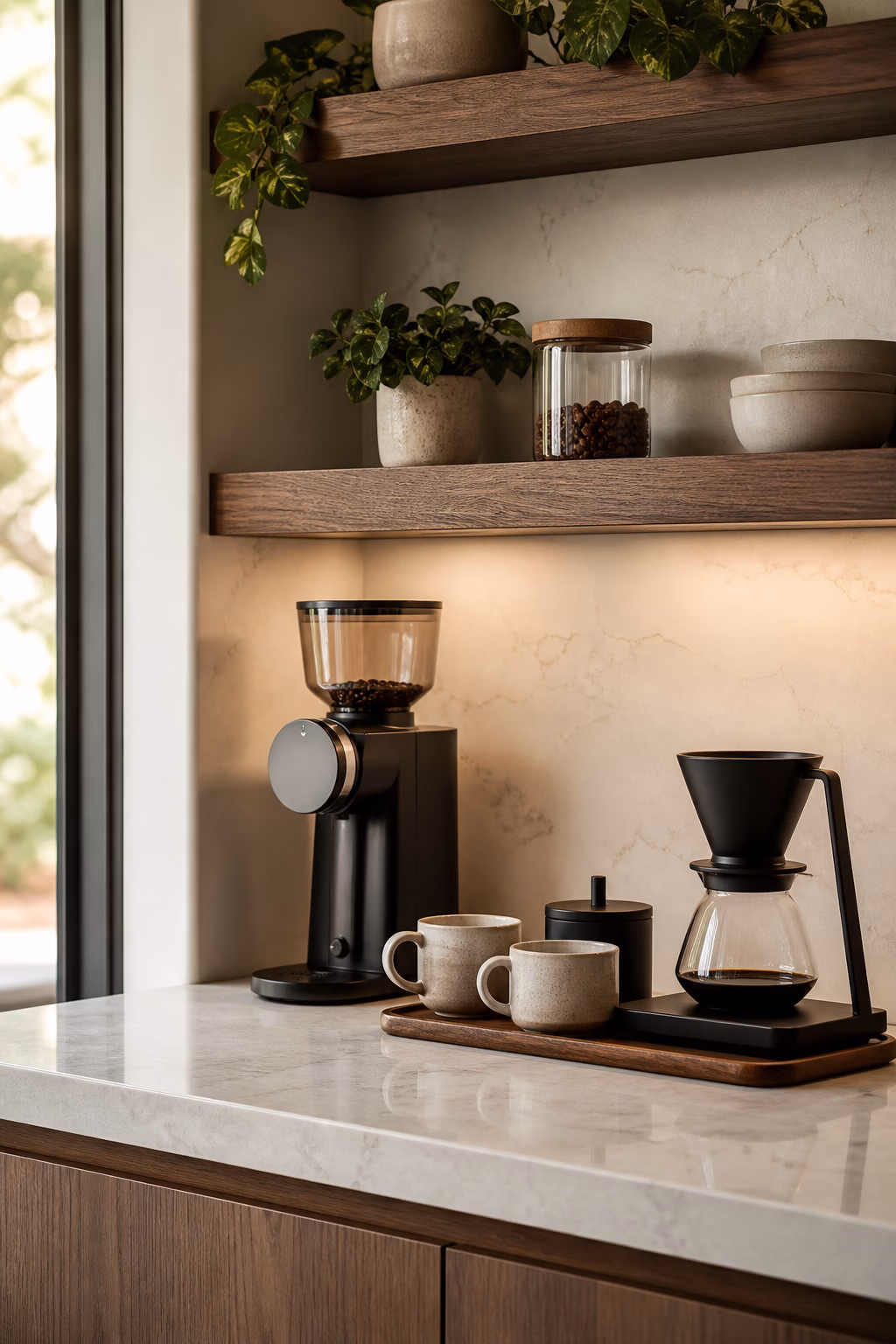 Breathable sleek coffee station with espresso machine and edited accessories