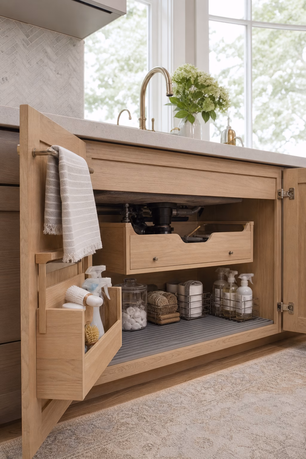 Kitchen sink base cabinet with pullout cleaning storage, towel rail, and waterproof liner.