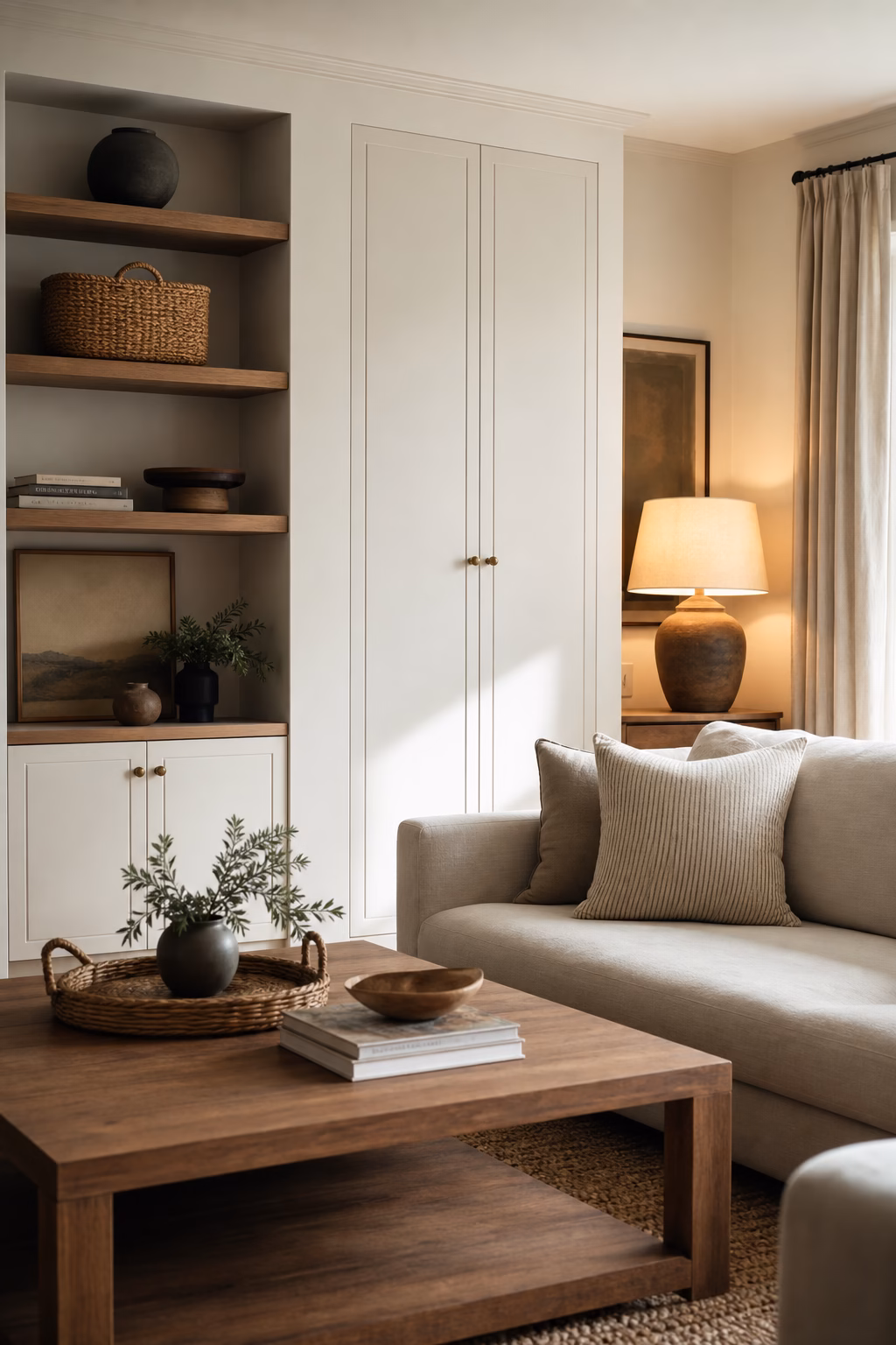 Cosy living room with closed storage cabinet woven baskets and edited shelves