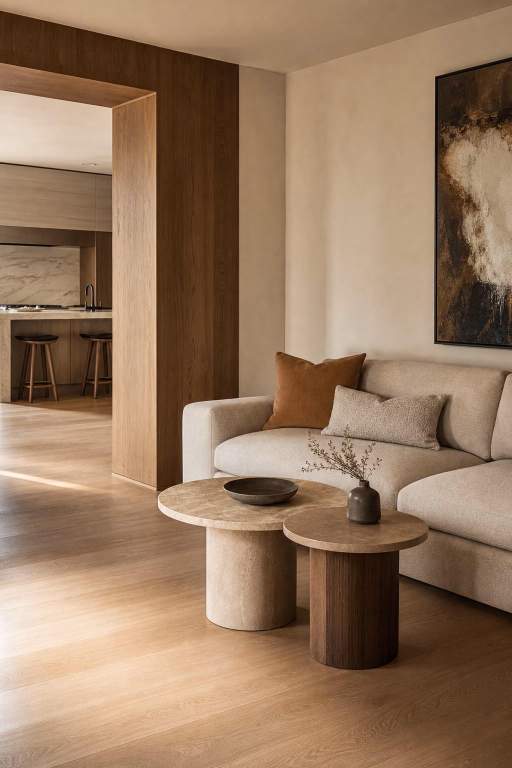 Apartment living room with nesting side tables beside compact sofa