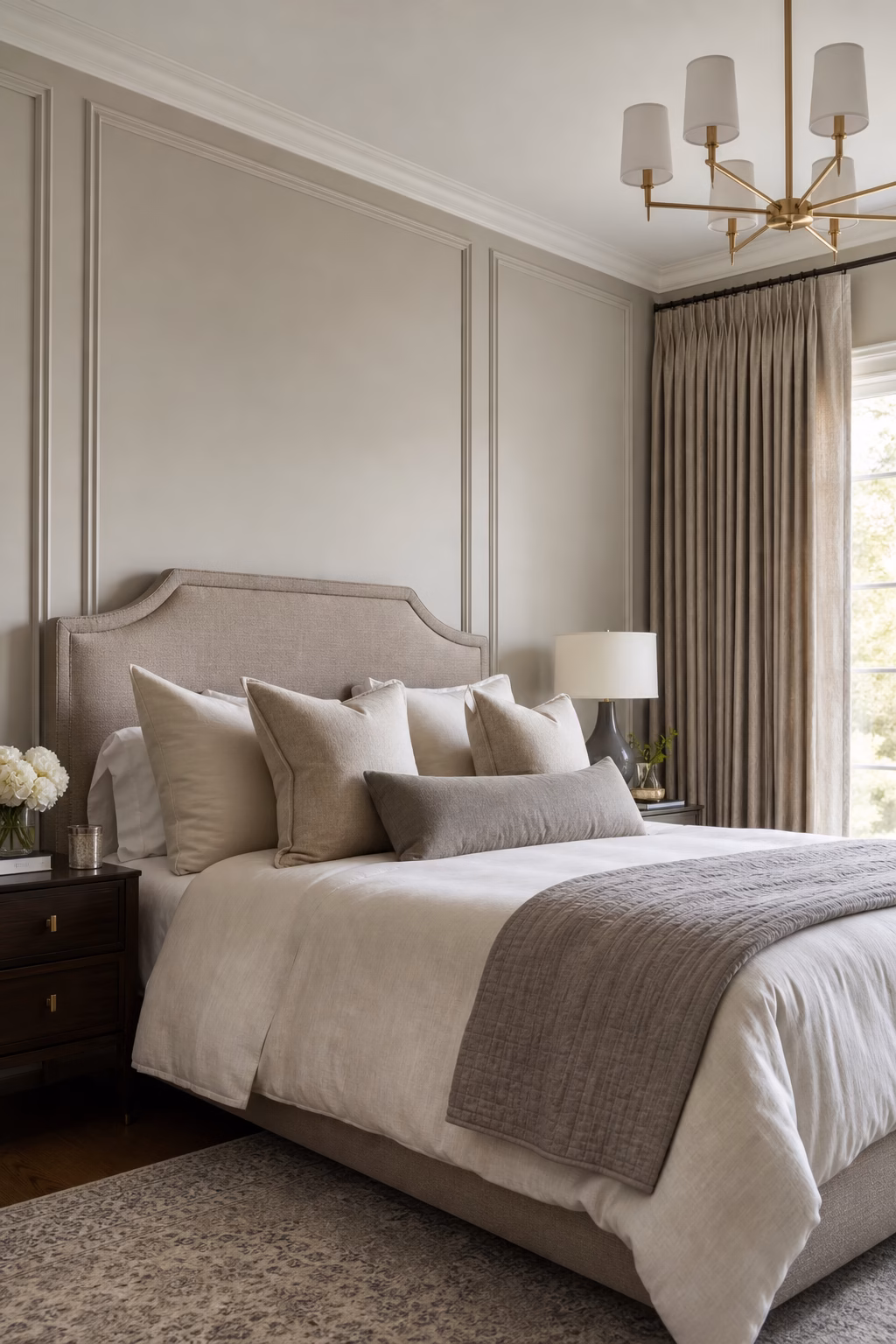 Thin trim decals imitating picture-frame molding in a bedroom