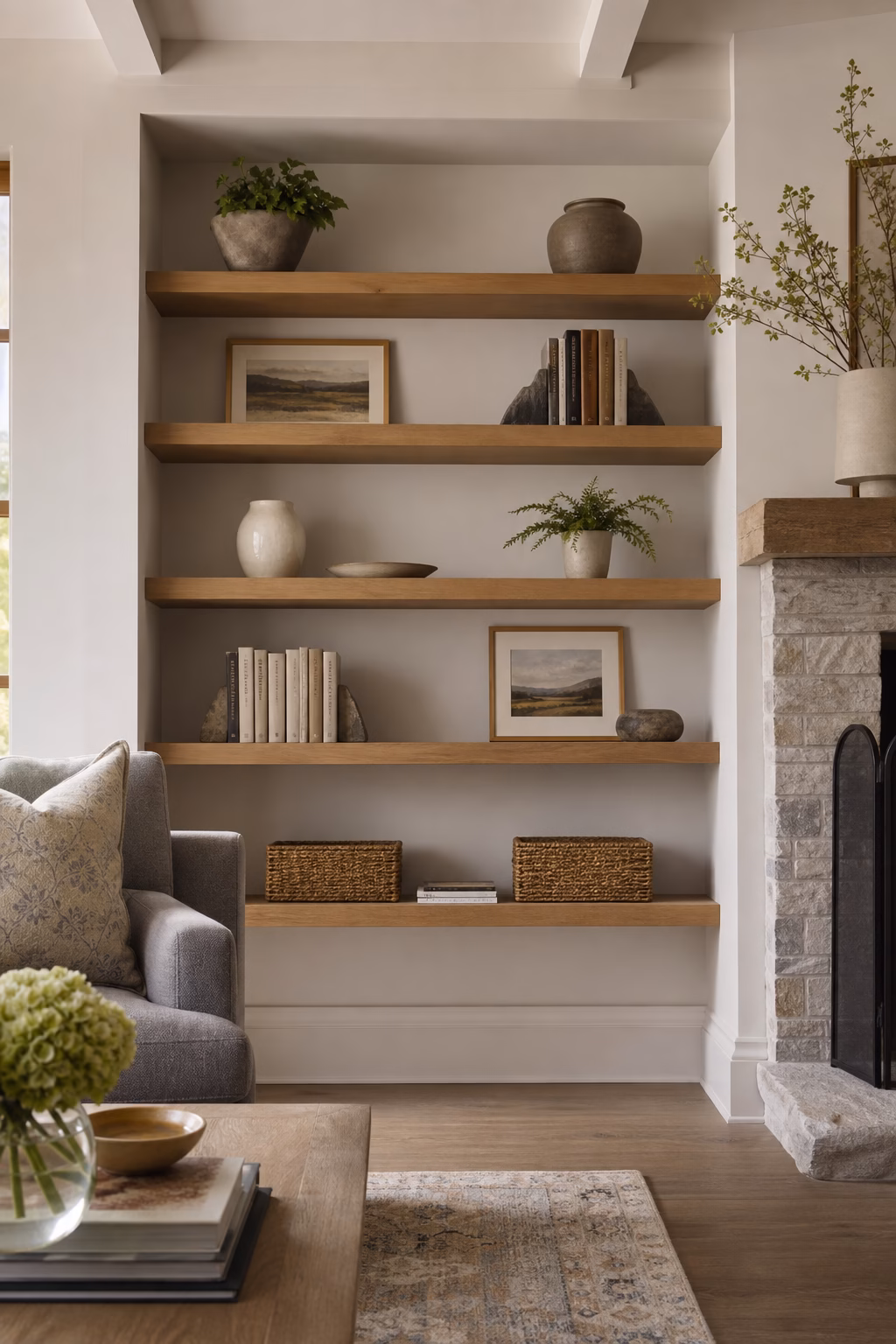 Cozy living room shelves styled with books, ceramics, art, baskets, and breathing room.