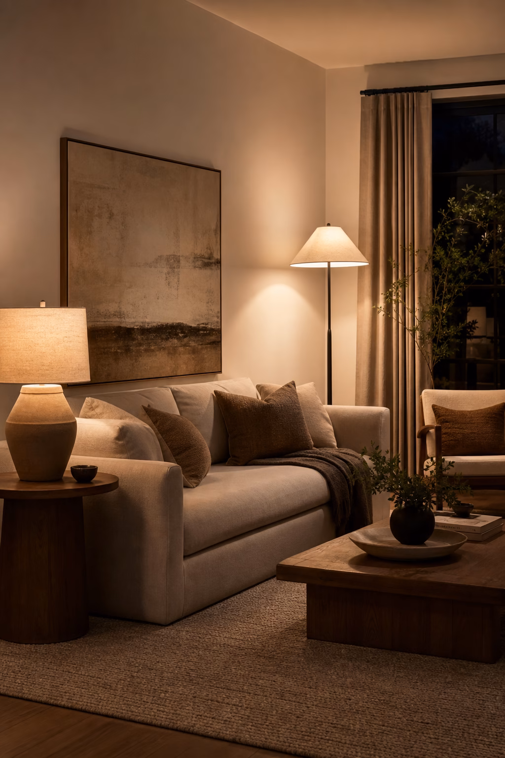 Neutral living room at evening with table lamps floor lamp and soft warm shadows