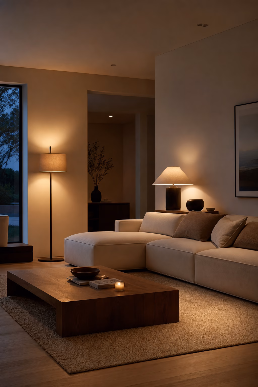Minimalist living room at evening with slim floor lamp shaded table lamp and clean surfaces
