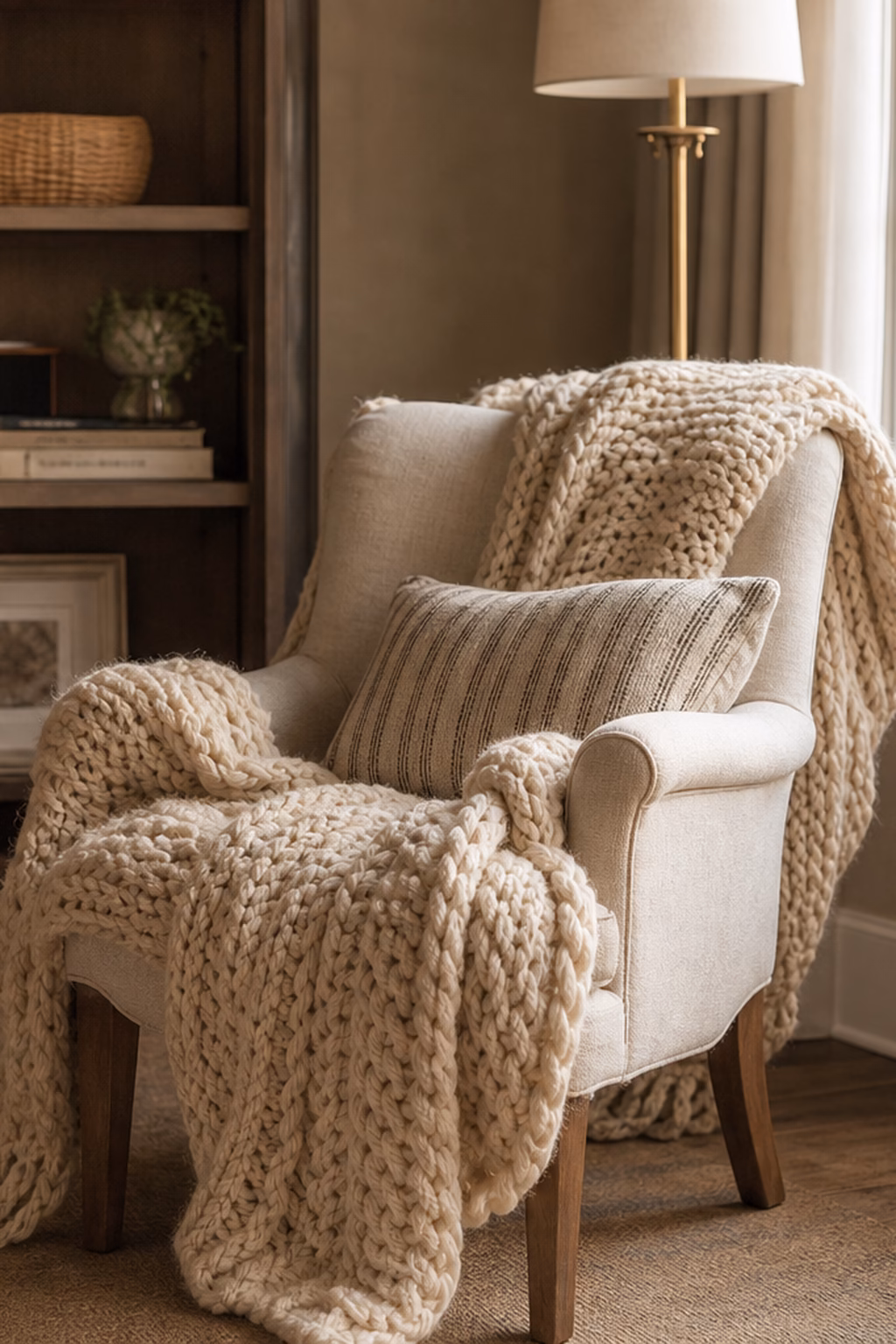 Chunky knit throw blanket draped over a cozy reading chair.