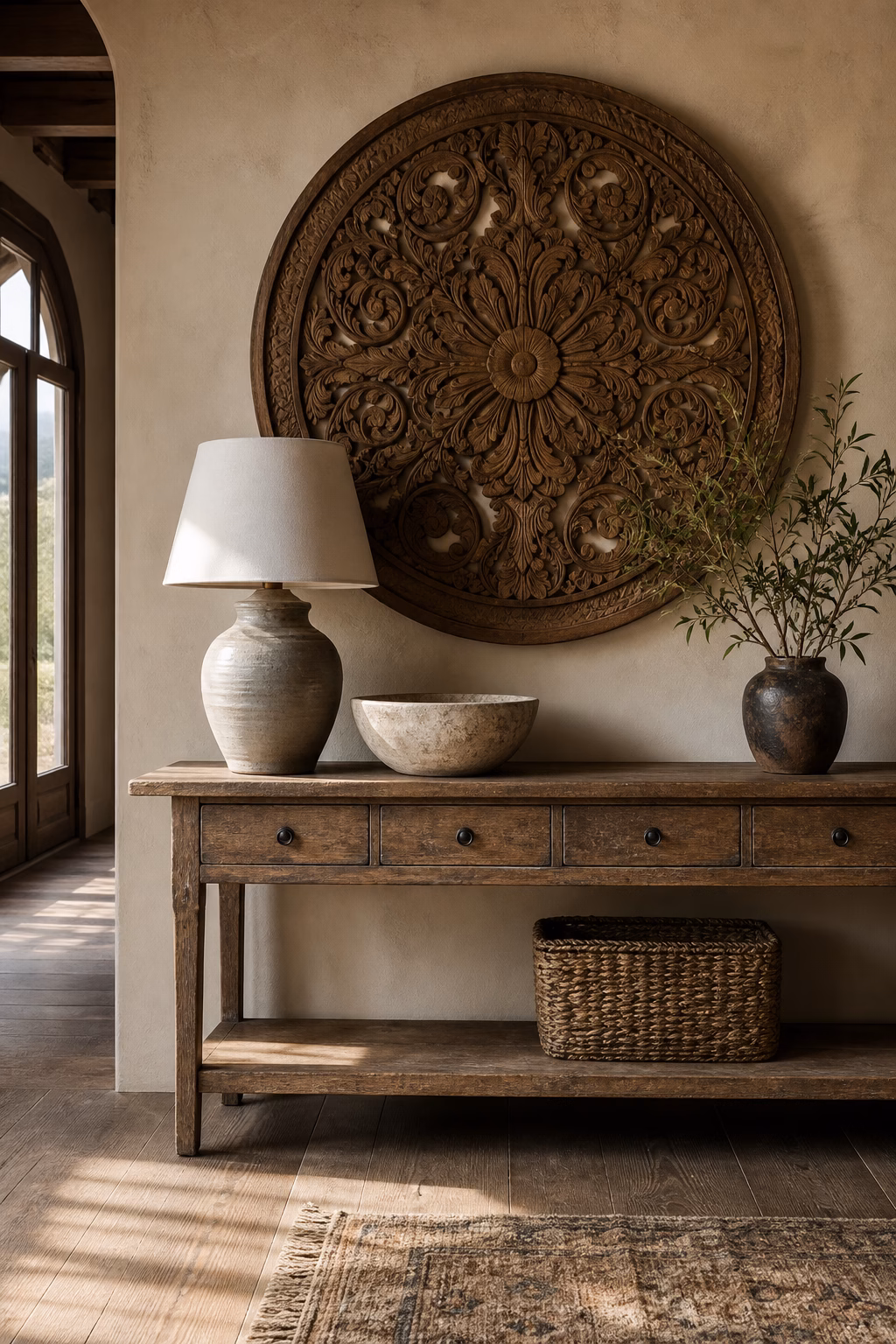 Round carved wood medallion centered above a rustic entry console