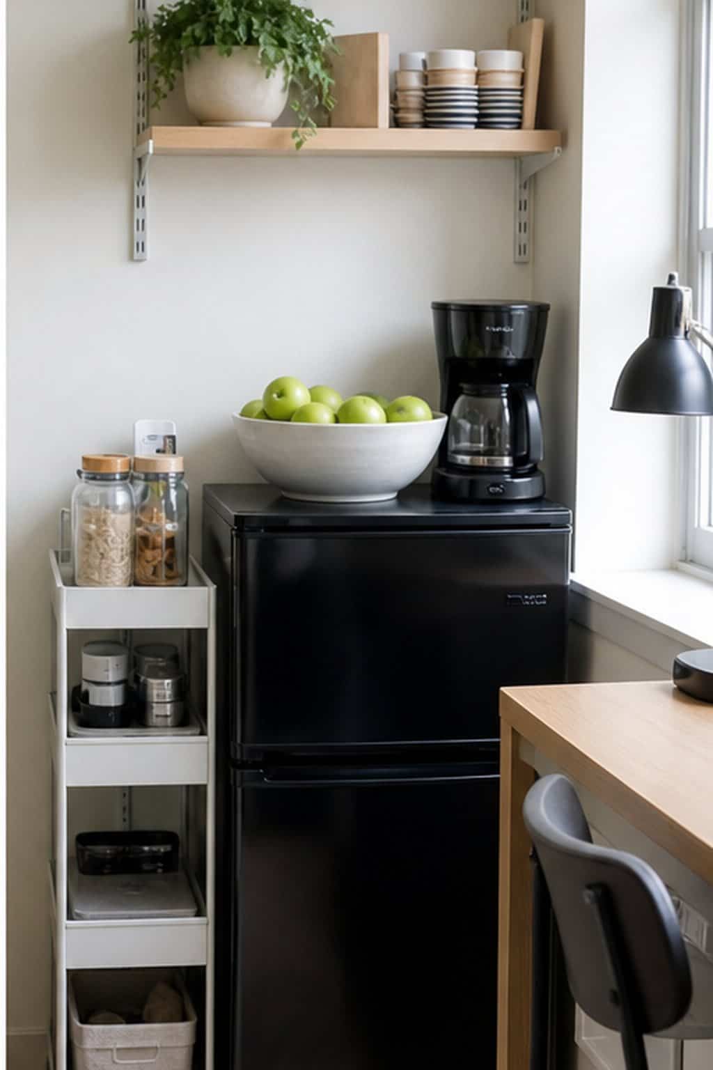 Dorm mini fridge nook with a side cart, organized coffee supplies, and hidden cords.