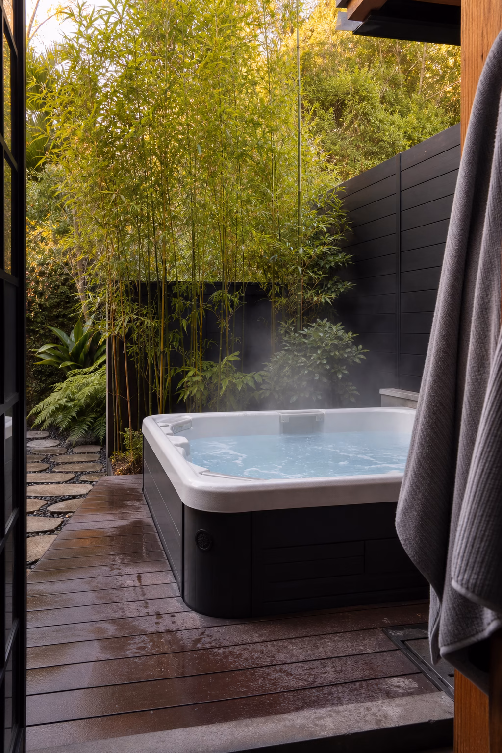 Layered privacy screens and planting around a backyard spa corner.