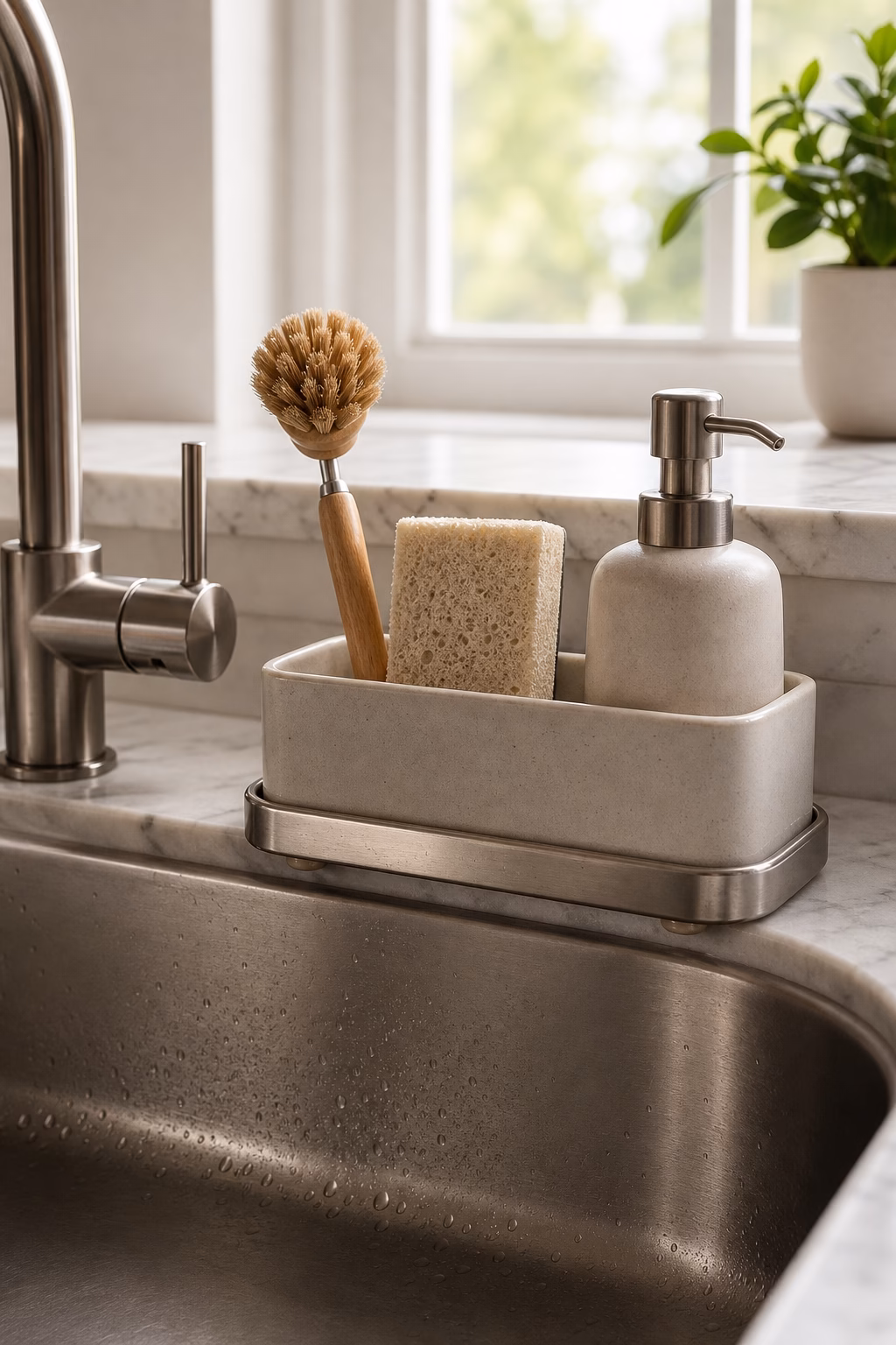 Stoneware kitchen sink caddy with dish brush sponge and soap pump