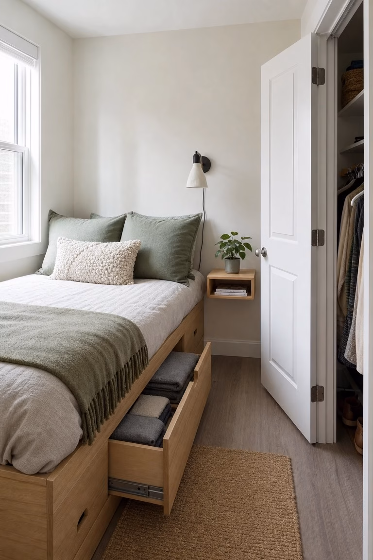 Storage bed arranged to keep a small bedroom closet door fully accessible.