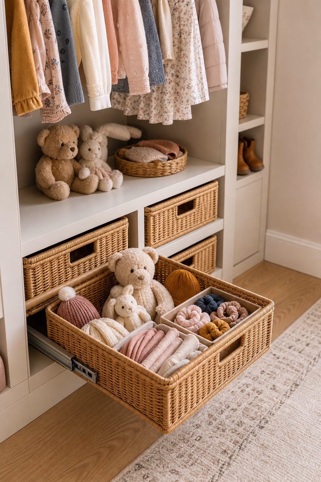 Kids closet with pull-out woven baskets for toys, hats, scarves, and accessories in low built-in shelves.