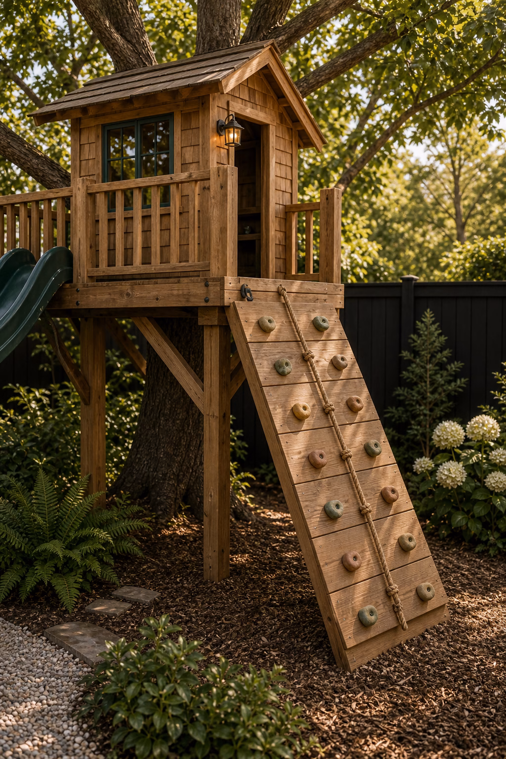 include a gentle climbing wall shown in a polished treehouse with realistic materials and natural light.