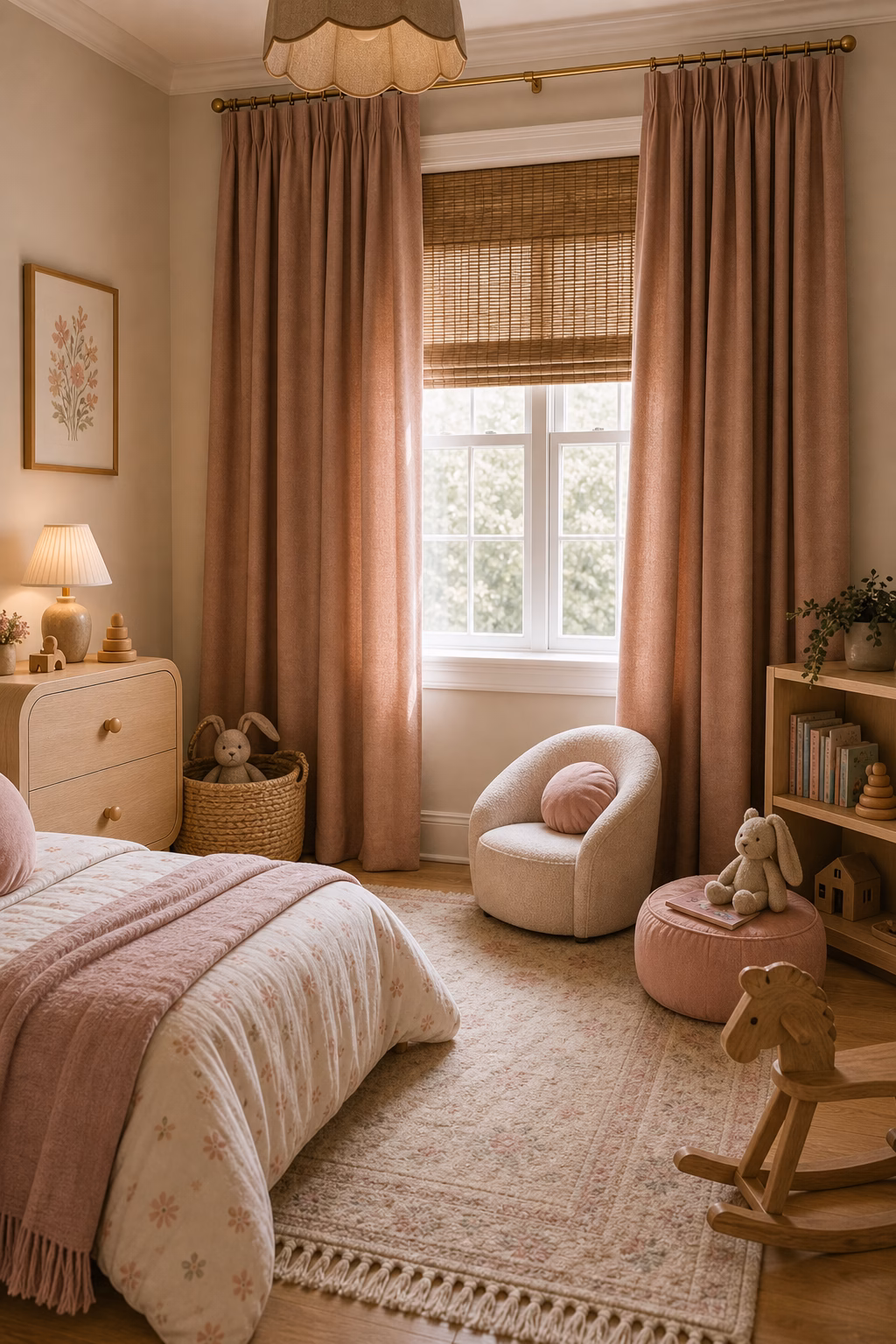 use blackout curtains with soft texture shown in a polished toddler girl bedroom with realistic materials and natural light.