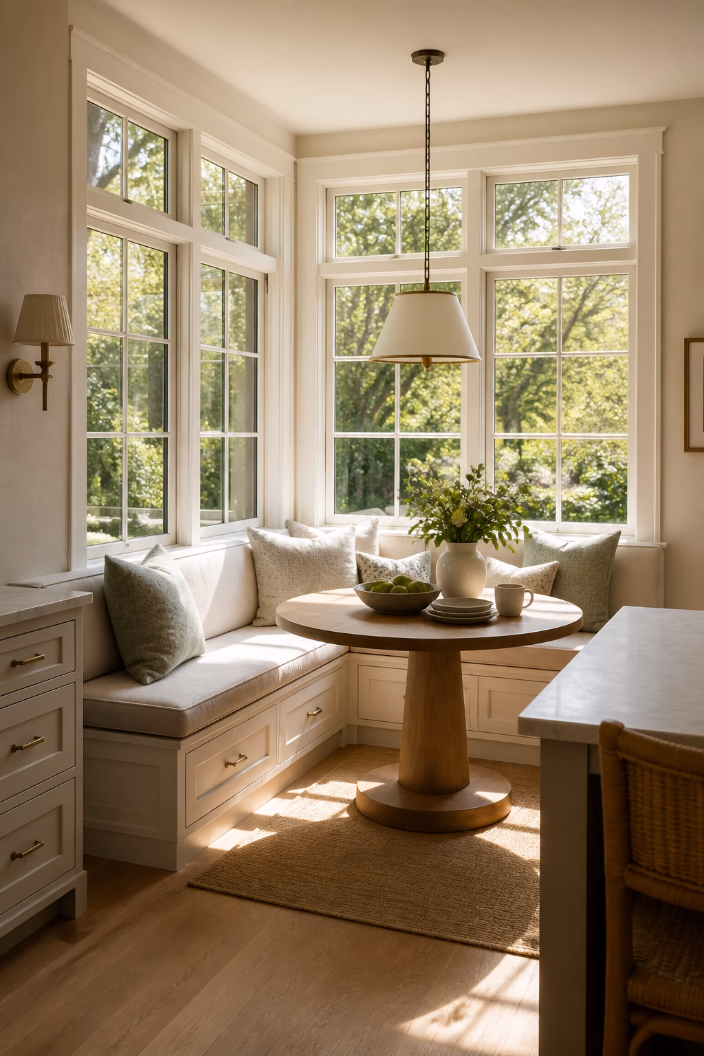 Breakfast nook built into a corner window with generous morning light.