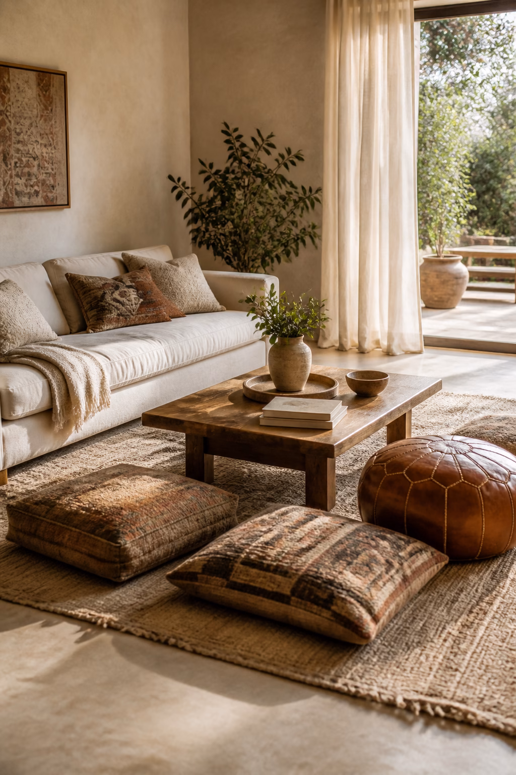 Boho living room with leather pouf floor cushions and layered rug