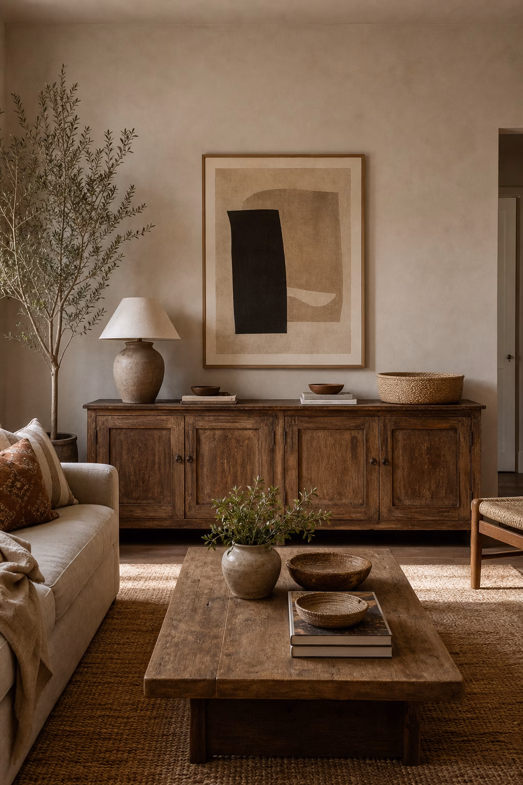 Fluted oak sideboard adding restrained texture to a modern dining area