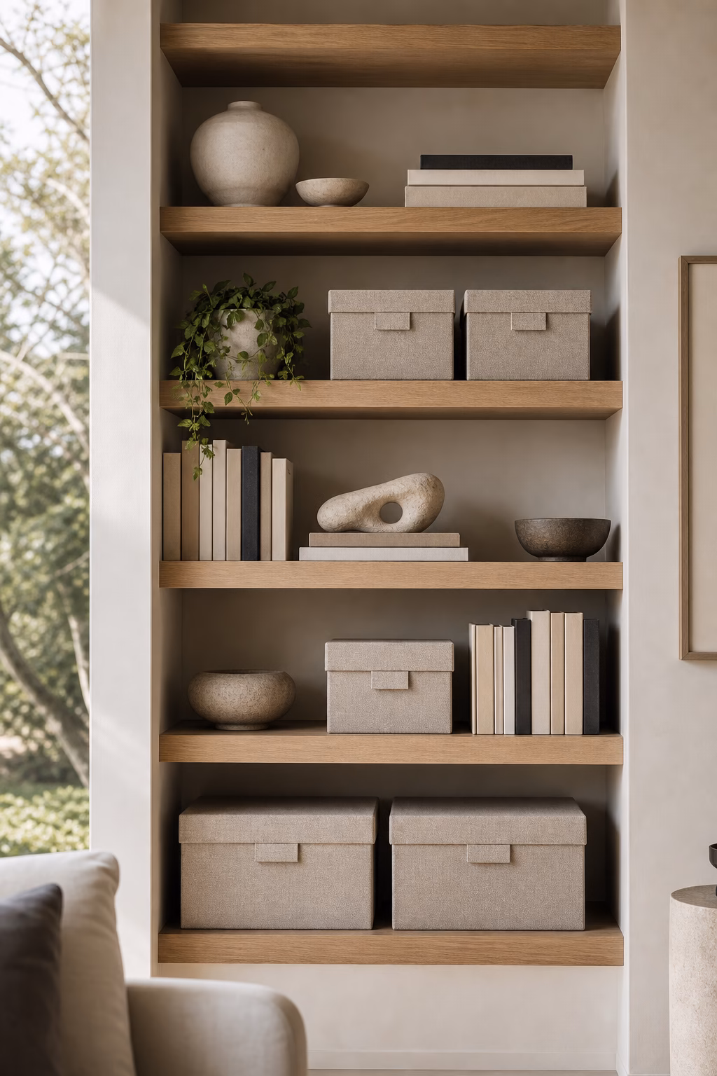 Matching linen boxes hiding visual clutter on built-in shelves