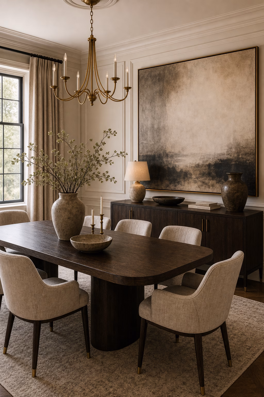 add art at gallery scale shown in a polished luxury dining room with realistic materials and natural light.