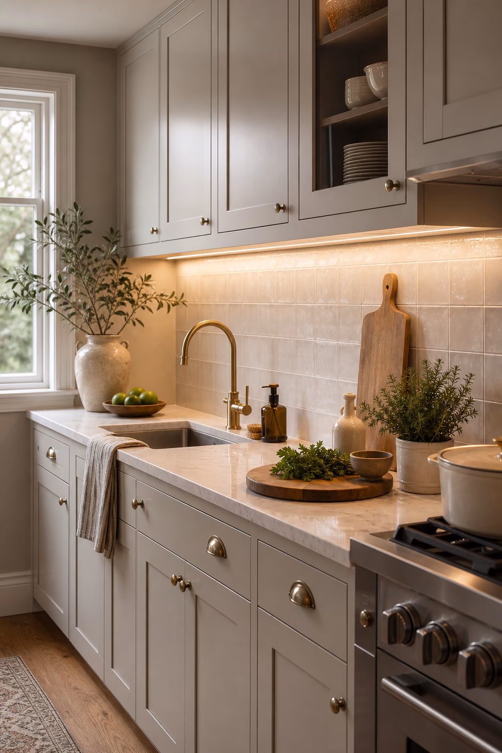 add under-cabinet lighting shown in a polished small kitchen with realistic materials and natural light.