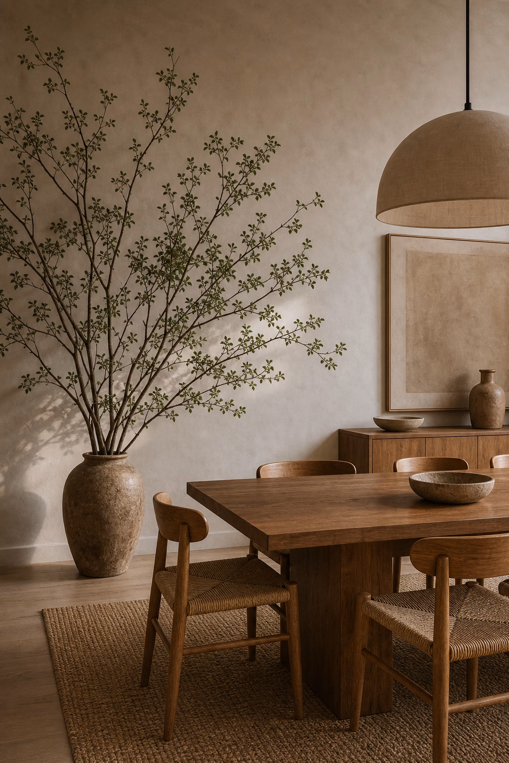 bring in one oversized branch arrangement shown in a polished organic modern dining room with realistic materials and natural light.