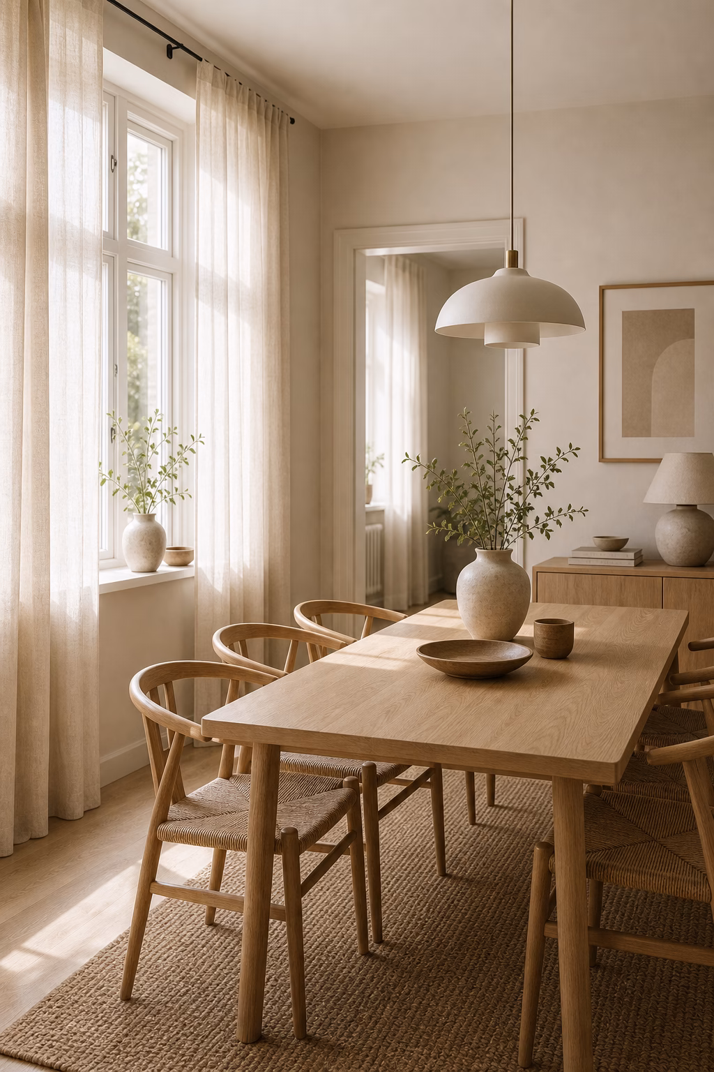 bring in sheer linen curtains shown in a polished Scandinavian dining room with realistic materials and natural light.